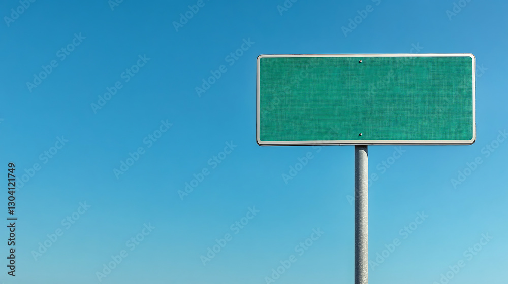 Empty green road sign mockup with a textured surface on a metal pole, set against a bright blue sky. Ideal for signage, billboard, and wayfinding design presentations. High-resolution and editable Empty green road sign mockup with a textured surface on a metal pole, set against a bright blue sky. Ideal for signage, billboard, and wayfinding design presentations. High-resolution and editable