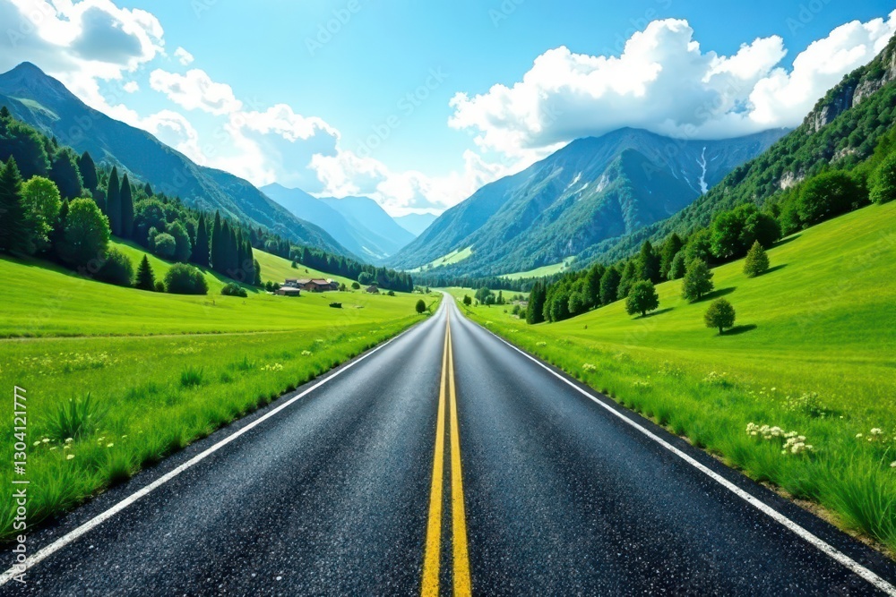 Naklejka premium Endless asphalt ribbon unwinds through lush green valley, mountains in distance, valley, light
