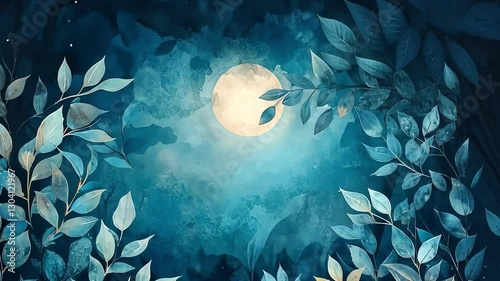 Mystical Moonlit Foliage: An enchanting nighttime scene showcasing a luminous full moon casting a gentle glow over a tranquil forest with stylized foliage. 