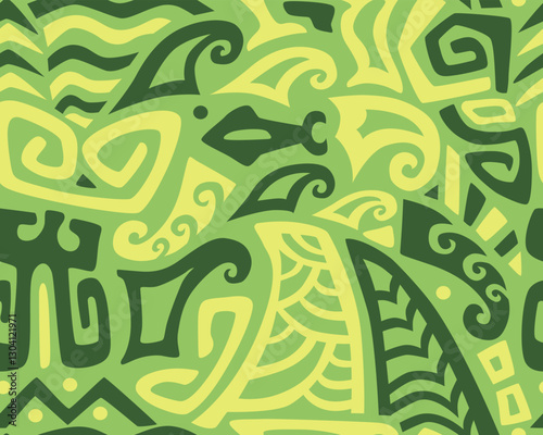 Polynesian motifs. Tiki seamless pattern. Aztec textile print.Geometric, vector background. Suitable for printing on fabric and paper, for parties. 