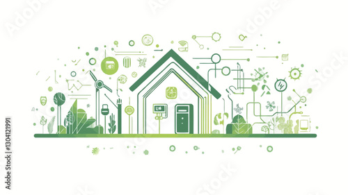 A stylized line art illustration depicting a house integrated with various symbols representing green energy sources and smart home technology. The style is minimalist with green and white