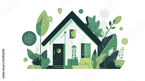 A vector illustration depicting a stylized house surrounded by lush green foliage. The house is rendered in shades of white and dark green, with a simple design. The leaves surrounding the