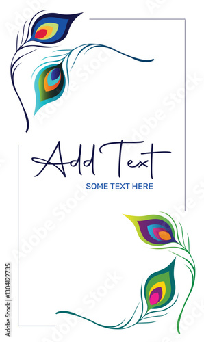 Elegant Peacock Feather Frame Design. Artistic frame featuring vibrant and stylized peacock feathers in shades of blue, green, and gold. Can be used for invitations, greeting cards, or decorative text