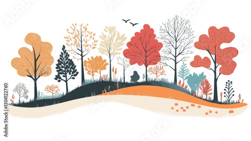 A stylized illustration depicting a landscape with various trees in autumnal colors.  The trees are rendered in a flat, graphic style with simplified forms and limited detail.  The color