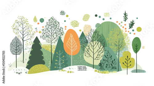 The image is a stylized illustration of a forest landscape.  It features a collection of simplified, abstract trees in various shades of green, orange, and yellow against a white