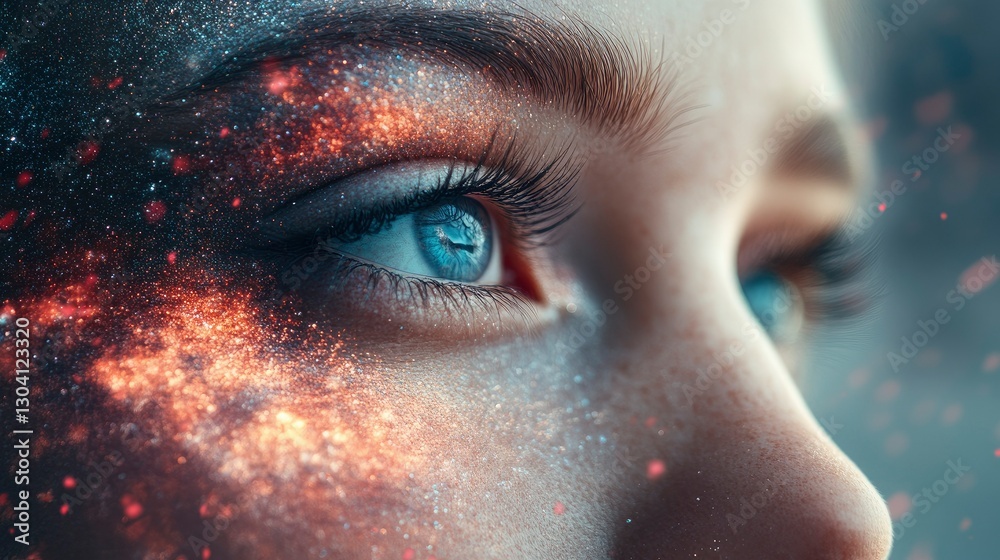 Naklejka premium Cosmic Dreamscape Close-up of a Woman's Eye with Nebula Texture