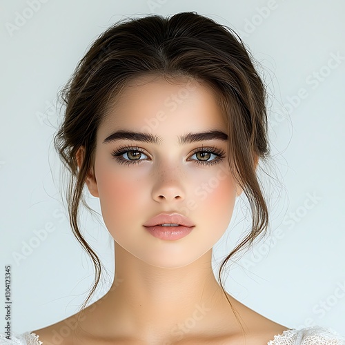 A portrait of a young woman with brown hair tucked behind her ears, revealing a delicate bone structure. Her flawless skin is enhanced by soft, even lighting. The simple white background ensures 