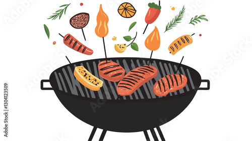 A vector illustration depicting a black round barbecue grill containing grilled meat pieces and sliced lemon.  Several pieces of meat, vegetables (peppers, mushrooms), and herbs are