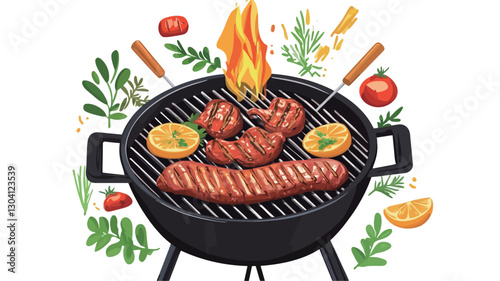 A digital illustration depicting a black round barbecue grill with various grilled food items including sausage, chicken pieces, and orange slices.  The food is depicted as cooked and