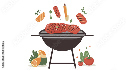 A vector illustration depicting a round black barbecue grill with various grilled meats and vegetables.  The meats include sausages and steak-like cuts. Vegetables such as carrots, peas,
