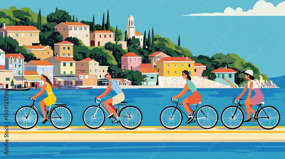 Fototapeta premium Colorful Bike Ride Along Coastal Path with Scenic Background View