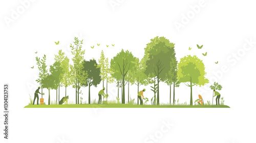 Digital illustration depicting a horizontal panoramic view of a forest. The illustration features stylized trees of varying heights and shapes in shades of green, rendered in a watercolor