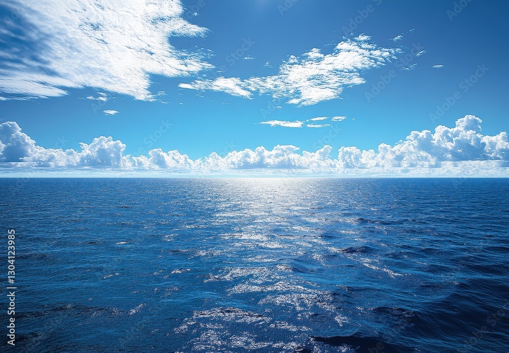 Obraz premium Serene Ocean View Under Bright Sky with Soft Clouds and Gentle Waves Reflecting Sunlight in a Tropical Paradise Setting