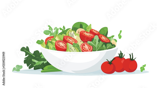 A digital illustration depicts a white bowl filled with a mixed green salad. The salad contains sliced tomatoes and spinach.  Three whole cherry tomatoes are positioned next to the bowl.