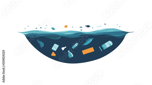 A stylized illustration depicts a cross-section of ocean water. The upper portion shows a small amount of water with some small pieces of floating debris.  The lower portion, submerged,