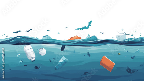 A digital illustration depicting a cross-section of water with various pieces of plastic waste submerged and floating on the surface.  The water is a deep blue, and the plastic debris is