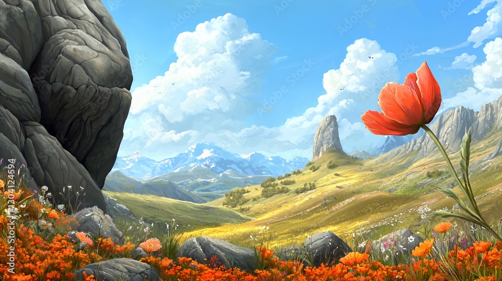 Obraz premium Orange Poppy Flower in Mountain Landscape
