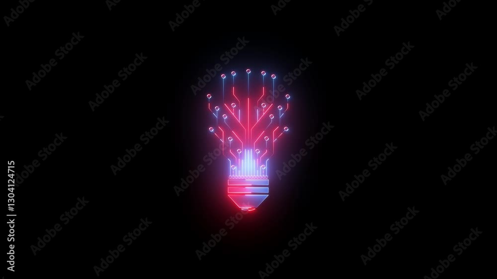 Bulb circuit animation neon on black background.