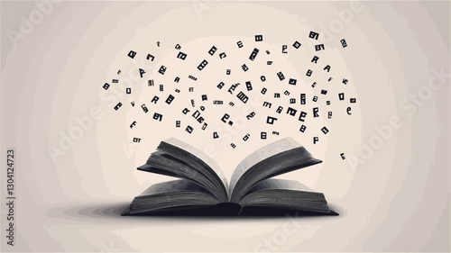 The image shows an open black book against a light beige background.  Small, dark, rectangular particles emanate from the open pages of the book, creating a sense of movement and energy.