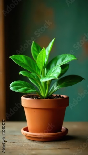Green plant in terracotta pot on rustic wood table, still life, element, spring