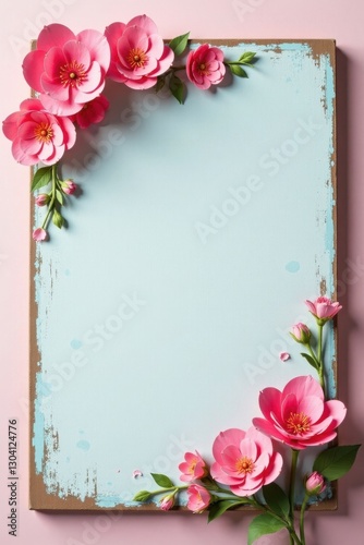 A Pale Blue Rectangular Canvas Decorated with a Delicate Floral Border of Pink Blossoms on a Soft Pink Background