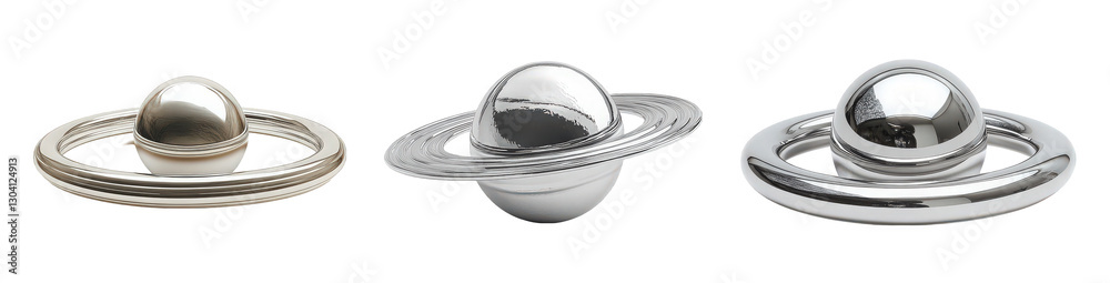 Three metallic planets with rings, showcasing different textures and finishes, against a white background. Three metallic planets with rings, showcasing different textures and finishes, against a white background.