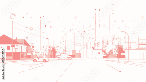 The image is a minimalist, abstract illustration or sketch of a cityscape.  It is rendered predominantly in shades of light red and pink, with fine lines creating the impression of