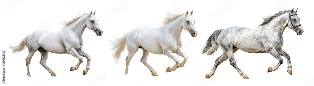 Obraz premium Three stunning white horses in motion, showcasing their beauty and grace against a plain background.