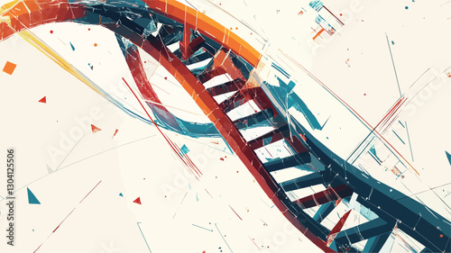 The image is an abstract representation of a DNA double helix. It is depicted with a vibrant color palette of oranges, reds, blues, and teal, against a predominantly white background. The