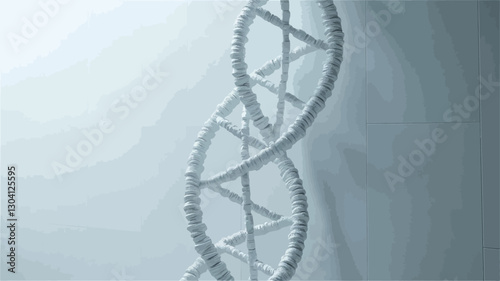 Close-up view of a three-dimensional model of a DNA double helix. The model is rendered in white against a bright, slightly blurred white background. The image is sharply focused on the