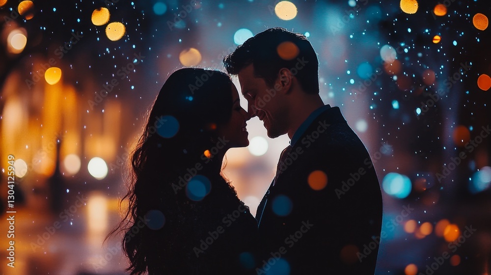 Obraz premium Romantic silhouette of a couple kissing under the moonlight with stars in the sky. Capture the love and romance on Valentine's night.