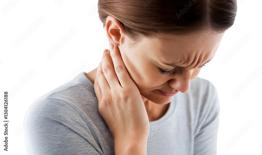 Young woman suffering from neck pain, isolated on transparent cutout background Young woman suffering from neck pain, isolated on transparent cutout background