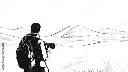 Monochrome illustration depicting a person with a backpack and camera, viewed from behind, taking a photograph of a mountainous desert landscape. The style is minimalist, using black and