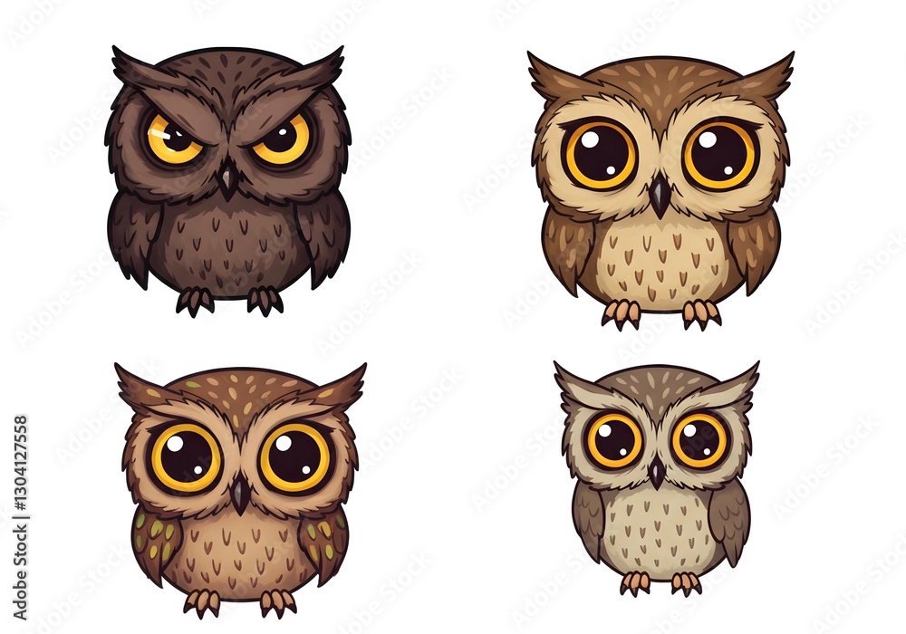 Obraz premium Cute Cartoon Owls in Various Styles and Colors for Fun Illustrations