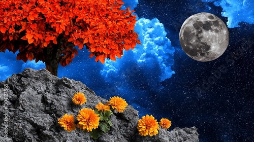 Wallpaper Mural Orange Tree on Rocks Under a Full Moon and Starry Night Sky Torontodigital.ca