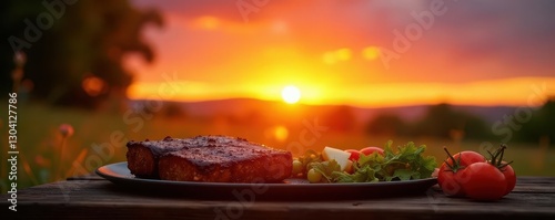 Golden hour barbecue feast, vibrant sunset sky, delicious, nature, party