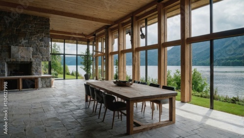 Imagine a two story beautiful German retreat center overlooking a beautiful lake. Where is the garden surrounding it grey natural stone, materials, and wood with large windows to see the grand view an