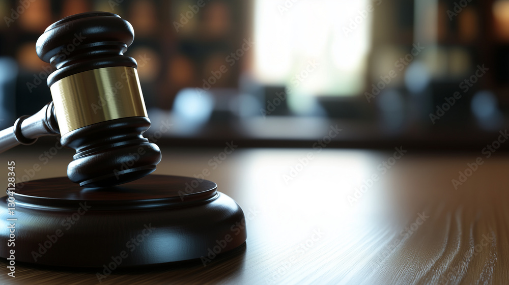 A close-up of a gavel on a wooden desk with a blurred courtroom background symbolizes a legal victory, captured with shallow depth of field and natural light, allowing space for text or design.