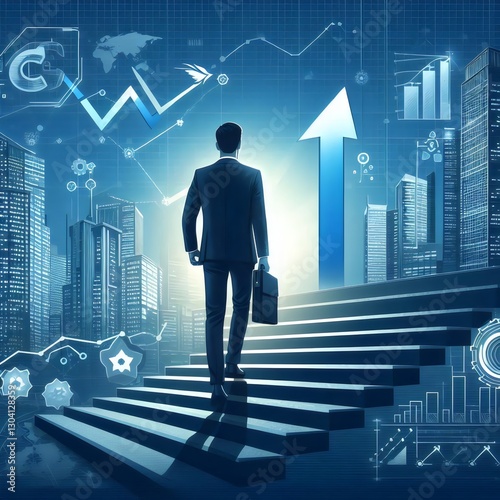 Businessman ascending stairs towards a glowing upward arrow, symbolizing success and financial growth, with futuristic city skyline and digital financial data in the background