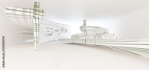 Obraz na płótnie Luxury parametric abstract architectural minimalistic background. Contemporary showroom. Modern colored glass exhibition tunnel. Empty gallery. Backlight. 3D illustration and rendering. w salonie