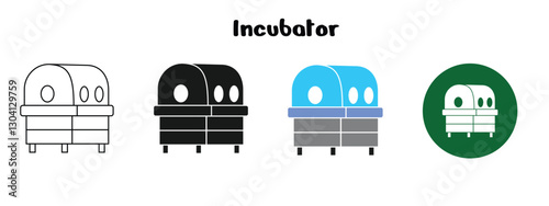 Incubator set design, in outline, solid and colored style, editable vector eps 10.