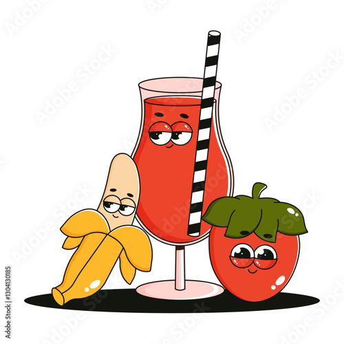 Funky character glass of juice, strawberry, banana. Comic mascot with happy smile face. Retro groovy fruits and cocktail. Summer isolated vector illustration