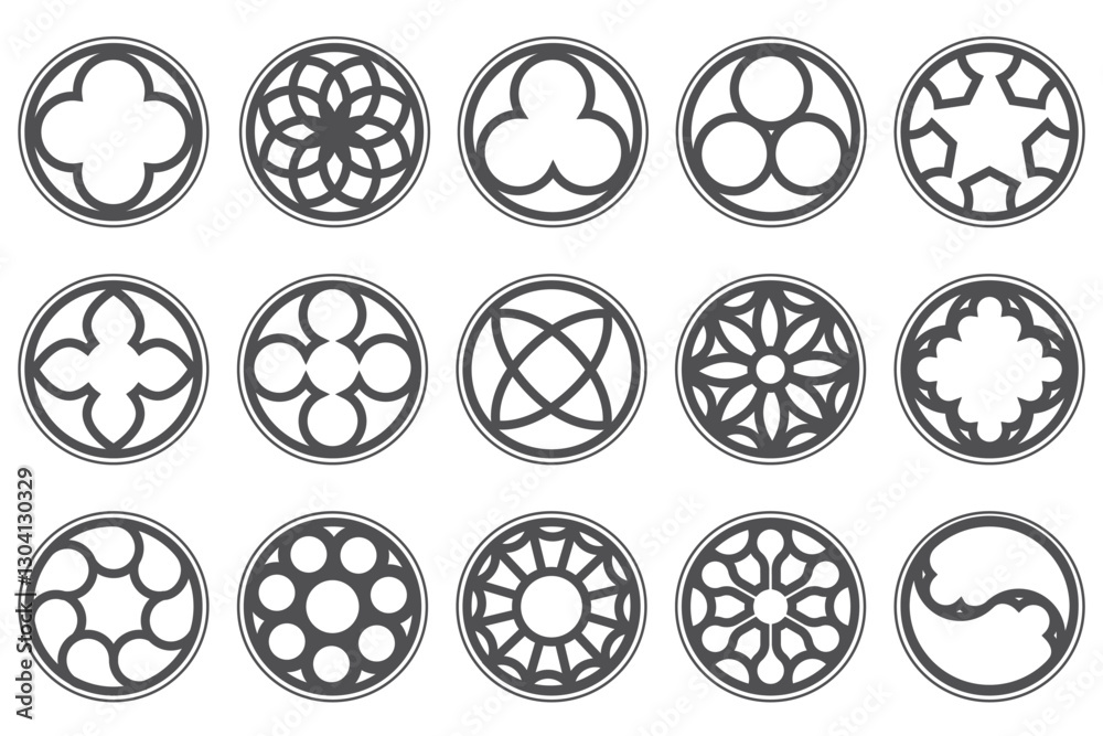 Gothic circle rose window with medieval ornament. Cathedral rosette on white background. Christian architecture elements with stained glass. Radial vector frame.