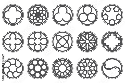 Gothic circle rose window with medieval ornament. Cathedral rosette on white background. Christian architecture elements with stained glass. Radial vector frame.