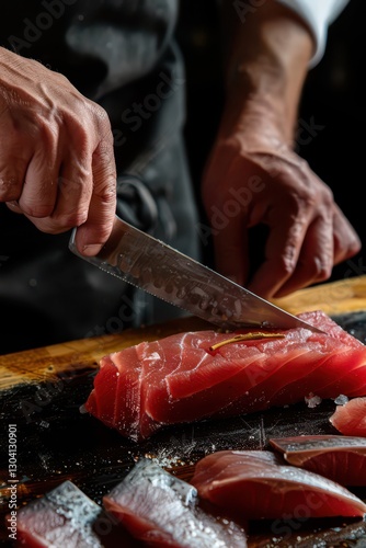 Celebrating World tuna day with chef's skillful tuna slicing for culinary art photo