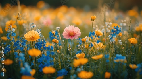 Blooming Meadow: A close-up captures a vibrant tapestry of wildflowers in full bloom, showcasing a diverse array of colors, including yellow, blue, and pink, with a soft, natural aesthetic. photo