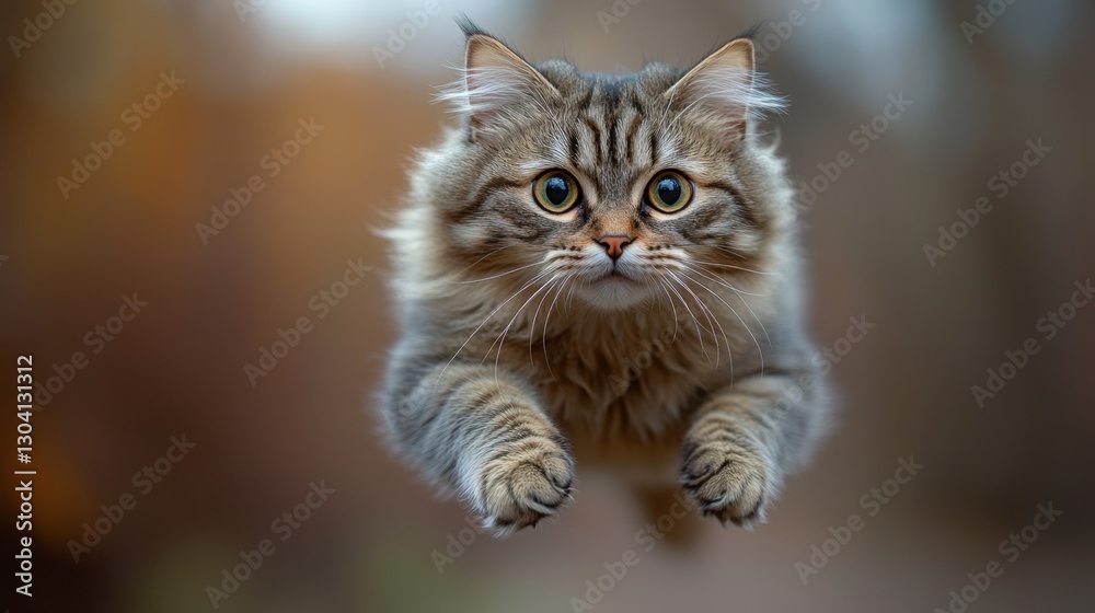 Obraz premium Whimsical Leap: A captivating portrait of a fluffy tabby cat in mid-air, captured against a blurred background, exuding playful energy and charm.