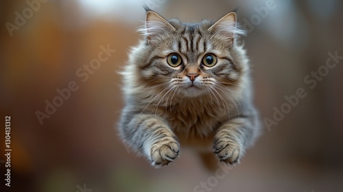 Whimsical Leap: A captivating portrait of a fluffy tabby cat in mid-air, captured against a blurred background, exuding playful energy and charm.