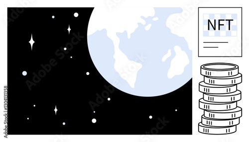 Stylized Earth in space, stars, NFT document, and stack of coins representing global digital assets. Ideal for blockchain, cryptocurrency, NFTs, finance, digital trading investments online economy