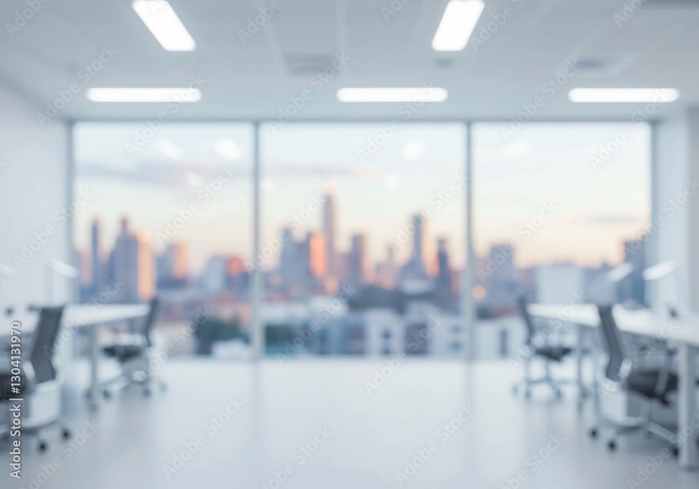 Fototapeta premium A cityscape view through large windows highlights a blurred modern office with a clean white palette, geometric lighting, and empty desk spaces